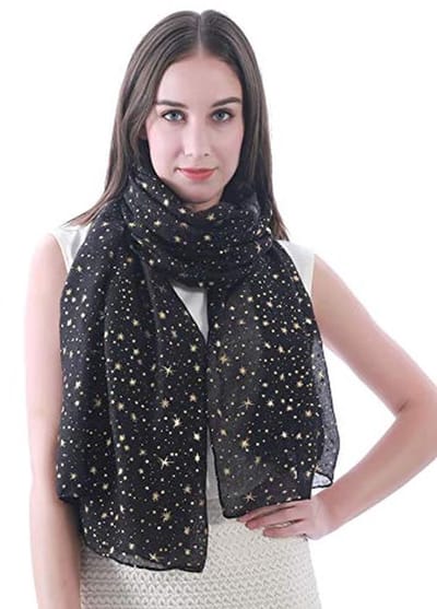 Dames Sjaal Wrap met Glitter en Sterrenprint - Lichtgewicht Shimmer Zilver Goud voor Feestelijke Gelegenheden