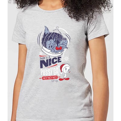 Looney Tunes Tweety Pie Pussy Cat Women's Christmas T-Shirt - Grey - 5XL