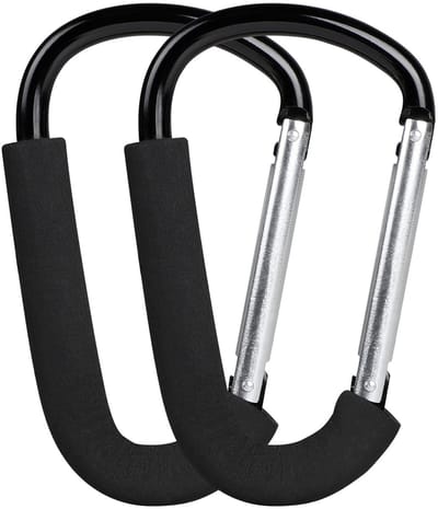 Dailygoods - LALAGO 2 stuks universele haken voor kinderwagen, 16 x 10 cm, multifunctionele karabijnhaak, tashaak met beschermbekleding, kinderwagenhaak, clip haak stroller organizer