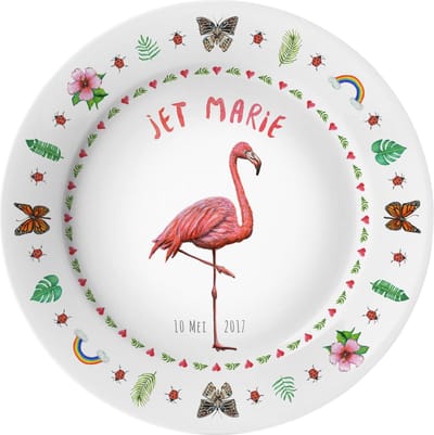 World of Mies geboortebordje met naam – handgeschilderde flamingo – gepersonaliseerd kinderbordje - kraamcadeau