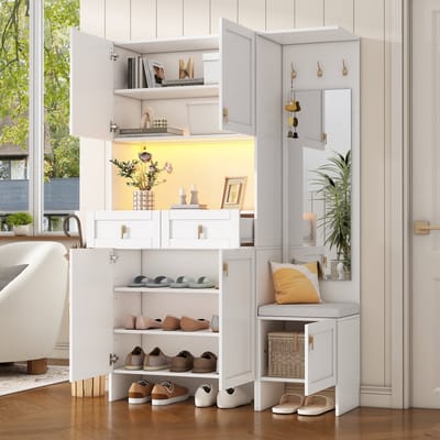 Garderobeset - B120xD33,5xH180 - Wandgarderobe Met Schoenbank 5 Deuren 2 Laden Spiegel - Hout - Wit