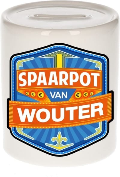 Bellatio Decorations Kinder spaarpot met naam - Wouter - keramiek - met dop - wit - Sparen - Spaargeld van Wouter