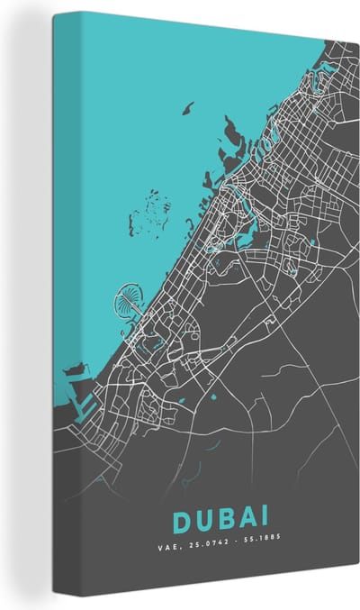 Canvas Schilderij Dubai - Blauw - Kaart - Plattegrond - Stadskaart - 20x30 cm - Wanddecoratie
