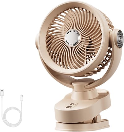 VHV-Bureauventilator met Verlichting - Stille Ventilator met 3 Snelheidsstanden - 2400mAh Oplaadbare Accu - 3-in-1 Clip en Hangende Ventilator voor Bureau Slaapkamer en Camping - Krachtige Luchtcirculatie met Automatische Oscillatie