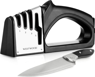 Westwood 4-in-1 Professionele Messenslijper – Anti Slip Knife Sharpener – Doortrekslijper – Aanzetstaal – Schaarslijper en 3-Traps Messen Slijper in één – RVS