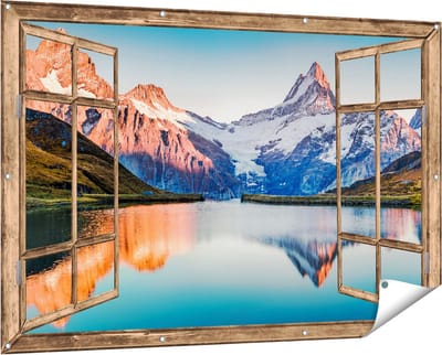 Gards Tuinposter Doorkijk Bergen Landschap bij het Meer - 150x100 cm - Tuindoek - Tuindecoratie - Wanddecoratie buiten - Tuinschilderij