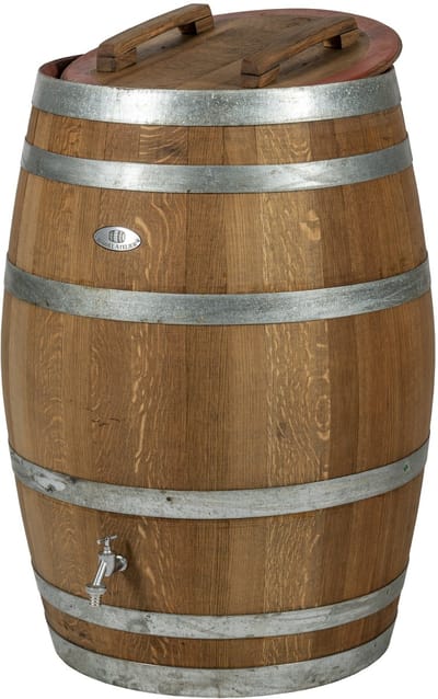 Houten Regenton 300l., incl. los deksel, handvaten, chromen logo en kraan, donker geolied / Eikenhouten Regenton / IJsbad