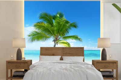 Behang - Fotobehang Palmboom - Strand - Zee - Zomer - Breedte 240 cm x hoogte 240 cm