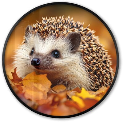 Poster in lijst Rond - Fotolijst 60x60 cm - Posters - Egel - Bos - Herfstbladeren - Herfst - Bosdieren - Natuur - Ronde posterlijst zwart - Decoratie - Wanddecoratie woonkamer - Muurdecoratie slaapkamer