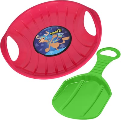 KOTARBAU® Sneeuwschijf Set, Kunststof, 60 cm, Groen & Roze, Schotel Slee Plastic, 34x53 cm, Sneeuw Slee, Rodelen, Lichtgewicht, Voor Kinderen En Volwassenen, Bobsleeën, Sneeuwglijder