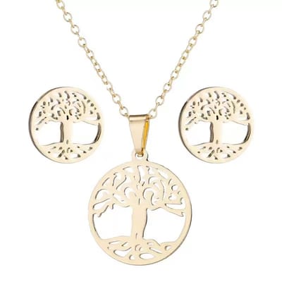 WeLoveSilver - ketting en oorstekers set - goudkleurig - tree of life - 43 cm