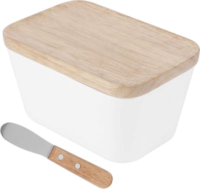 Duurzame Multifunctionele Melamine Botervloot met Beukenhouten Deksel en Botermes, Ideaal voor Keukenaccessoires, 250 ml voor 250 g Boter, Wit en Stijlvol