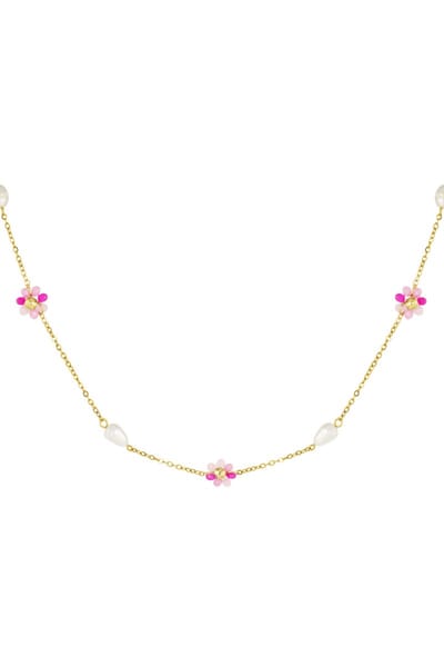Necklace floral dazzle - Yehwang - Ketting - Stainless Steel (verkleurt niet!) - 39 + 5 cm - Goud en Roze