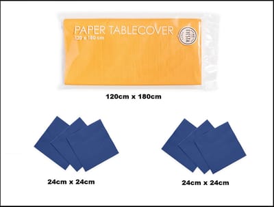 1x Tafelkleed papier geel 120cm x 180cm + 40x Cocktail servetten blauw 24cm x 24cm 3 laags