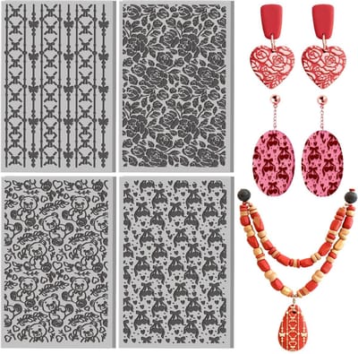 4 stuks Valentijnsdag polymeer klei textuur blad boog en rozen rubberen klei textuur mat voor polymeer klei maken oorbellen sieraden doe-het-zelf ambachten 15,5 × 13,5 cm