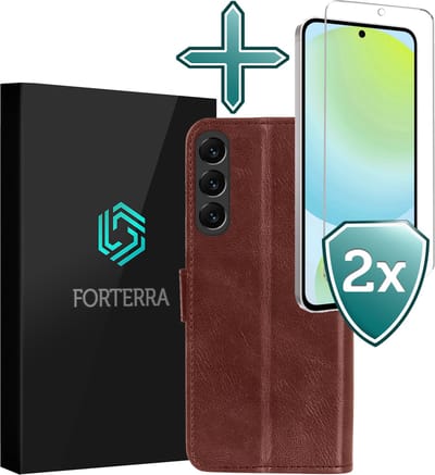 Hoesje Met 2x Screenprotector - Geschikt voor Samsung Galaxy S24 FE - Luxe Pasjeshouder - Flip Case - Bookcase Portemonee - Kunstleer Book Case - Flipcase Hoes - Book Cover - Walletcase - Portemonneehoes - Bruin