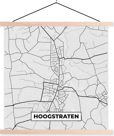 Posterhanger incl. Poster 40x40 cm - Schoolplaat - Plattegrond – Hoogstraten – Zwart Wit – Stadskaart - Kaart - Textielposter - Blanke latten - Stadskaart