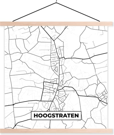 Posterhanger incl. Poster 40x40 cm - Schoolplaat - Zwart Wit – België – Plattegrond – Stadskaart – Kaart – Hoogstraten - Textielposter - Blanke latten - Stadskaart