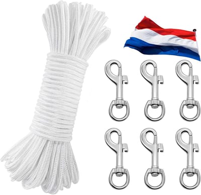 20M Flagpole Rope - Nylon Flag Rope - 6mm Flagrope met 6 Flaghooks - Witte Flagpole Rope - Flagpole Cord voor Flagpole - Clothesline - Tuin - Kamperen