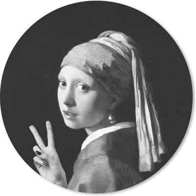 Muismat rond 20x20 cm - Mousepad Het meisje met de parel - Johannes Vermeer - Zwart - Wit - Ronde muismatten