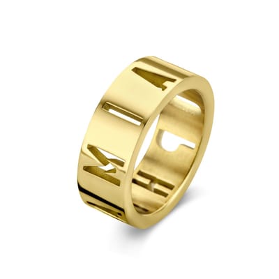 MIASOPHIA 4-MS22011-50 Stalen ring met tekst - maat 50 - 7mm Breed - 2mm Dikte - Opengewerkt - MIASOPHIA - Staal - Goudkleurig