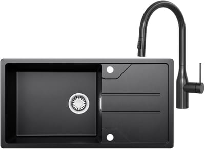 CECIPA max Spoelbak Met Kraangat - Granieten Keuken 86x45CM - Spoelbak Keuken Met Keukenkraan Met Uittrekbare Uitloop - Met Afdruiprek en Waterafvoersysteem - 80% Kwarts Zand Spoelbak Keuken - Zwart