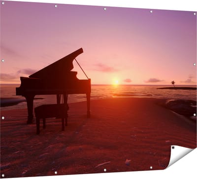 Gards Tuinposter Piano op het Strand bij Zonsondergang - 160x120 cm - Tuindoek - Tuindecoratie - Wanddecoratie buiten - Tuinschilderij