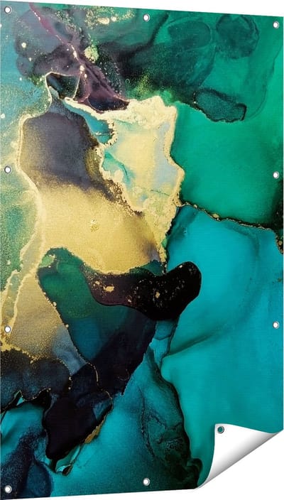 Gards Tuinposter Abstracte Kunst - Groen met Goud - 80x120 cm - Tuindoek - Tuindecoratie - Wanddecoratie buiten - Tuinschilderij