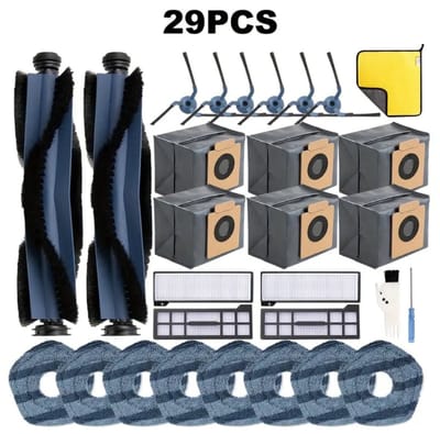 PolkaHome 29 stuks reserveonderdelen geschikt voor eufy X10 Pro Omni stofzuigerrobot, 6 stofzakken, 8 wasbare stofzuigerdoekjes, 6 zijborstels, 4 HEPA-filters, 2 hoofdborstel, 1 reinigingsborstel, 1 schroevendraaier, 1 doek. X10 Pro Omni-accessoires
