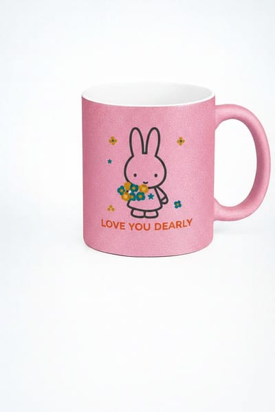 Roze Glitter Mok met Lief Konijn en Bloemen - Love You Dearly Beker | Valentijn Cadeau | Thee & Koffiemok