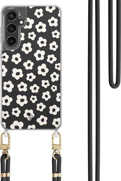 Casimoda® hoesje met koord - Geschikt voor Samsung S24 FE - Retro Bloempjes - Afneembaar koord - TPU/polycarbonaat - Zwart