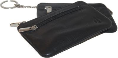OI zwart lederen sleutelbeursje met ronde hoek / sleuteletui met grotere opening en ritsje voorop / zeer zacht ritsportemonneetje met ring voor sleutel / buideltje voor sleutelbos / zwart leer / 2 STUKS 194