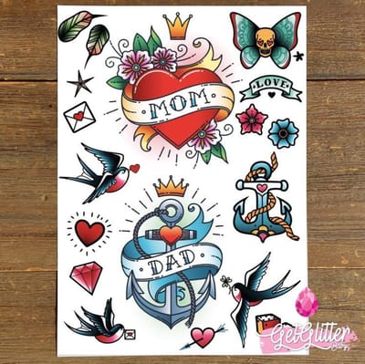 GetGlitterBaby® - Vader / Moeder Henna Plak Tattoos / Tijdelijke Tattoo / Nep Tatoeage / Fake / Festival Tattoes / Temporary Face Body Glitter Tattoo Sticker - Vintage Mom & Dad
