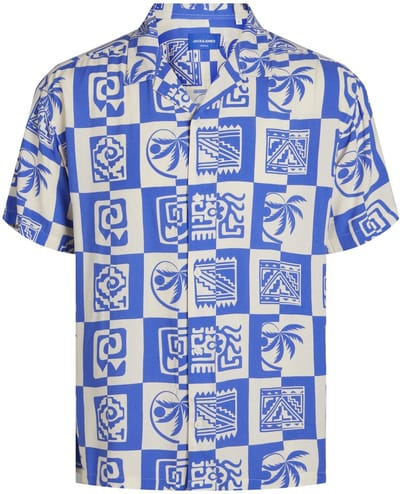 Jack & Jones Heren Overhemd JORLUKE Print Blauw Hawaii Palm Print - Maat L