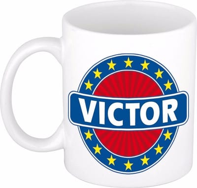 Bellatio Decorations - Victor voornaam - koffiemok - beker - wit/blauw - 300 ml - Cadeau - Heren - Collega - Vaderdag - Verjaardag