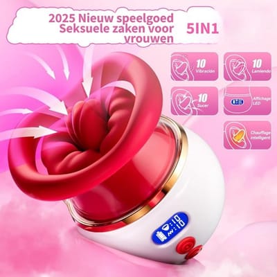 Likkende Tong Vibrator met Clitoris-Zuiger – 5-in-1, Verwarming, 10× Zuig & 10× Trillingen – Waterdicht Silicone – Discreet Verzonden