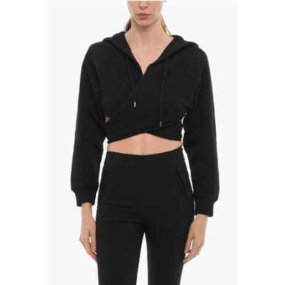 Effen cropped hoodie met wikkelmotief in zwart