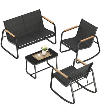 Tuinset-4-delige Gesprek Patio Meubelset met Tafel- Stalen Frame- Armleuningen -Schommelstoel Set-Geschikt voor Buitengebruik- Tuinen en Terrassen-Inkt Zwart.