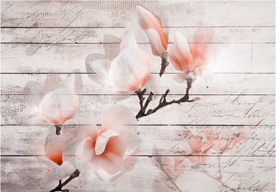 Fotobehangkoning - Behang - Vliesbehang - Fotobehang Magnolia - Bloem op Hout - Subtlety of the Magnolia - 150 x 105 cm