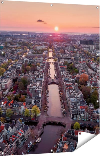 Gards Tuinposter Bovenaanzicht Amsterdam met Zonsondergang - 90x120 cm - Tuindoek - Tuindecoratie - Wanddecoratie buiten - Tuinschilderij