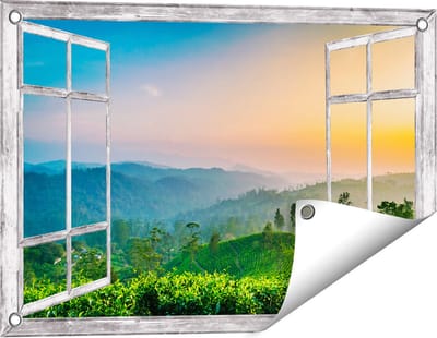 Gards Tuinposter Doorkijk Zonsondergang op een Thee Plantage - 60x40 cm - Tuindoek - Tuindecoratie - Wanddecoratie buiten - Tuinschilderij