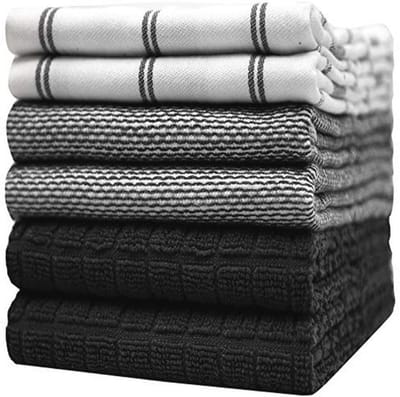 Set van 6 absorberende theedoeken en handdoeken van katoen, met ophanglus, zwart geruit, 50,8 x 71,1 cm
