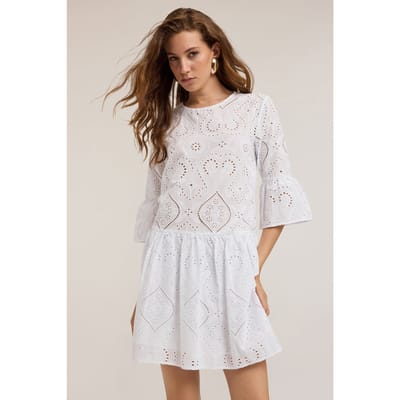 Motivi Mini Dress With Broderie Anglaise Ruffles White Size: XS | Mini Dresses Outlet | Dames | Wit