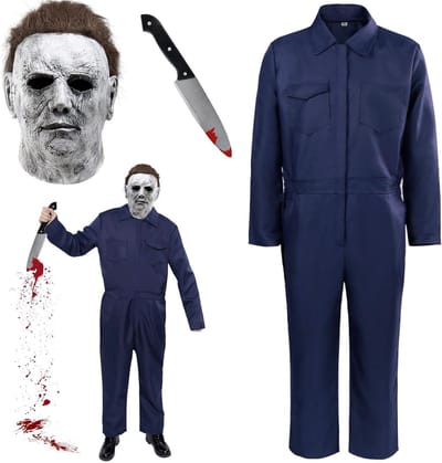 Horror Kostuum voor Halloween, Volwassenen Jumpsuit met Griezelige Creep Masker, Perfect voor Cosplay en Feestjes