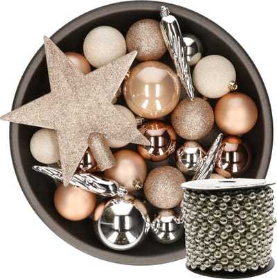 33x st kunststof kerstballen en piek-bruin-wit-zilver -en kralenslinger