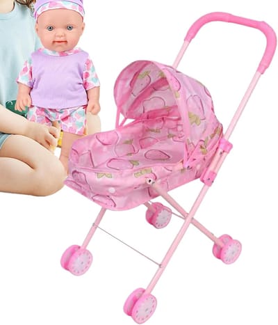 Poppenwagen Kinderwagen - Speelgoed buggy - Fantasie spel - Opvouwbaar met dak - 60 x 28 x 11 cm