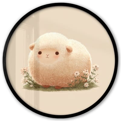Poster in lijst Rond - Fotolijst 40x40 cm - Posters - Schaap - Beige - Bloemen - Ronde posterlijst zwart - Decoratie - Wanddecoratie woonkamer - Muurdecoratie slaapkamer