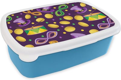 Broodtrommel Blauw - Lunchbox - Brooddoos - Carnaval - Feest - Paars - Patronen - 18x12x6 cm - Kinderen - Jongen