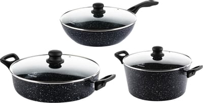 Westinghouse 3-delige Pannenset – Wokpan Ø 30 cm + Hapjespan Ø 28 cm + Braadpan Ø 28 cm – Inductie – PFOA-vrij – Black Marble