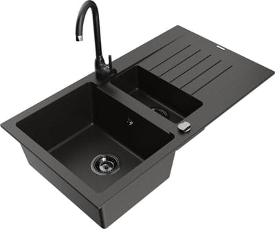 Mexen Matias granieten spoelbak 1,5-kamer met afdruiprek en keukenkraan Telma, zwart/goud - 6502-75-670200-70-B